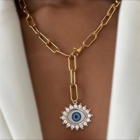 Jewelry - Vintage Inspired Gold Evil Eye Paperclip Rhinestone Chain Necklace